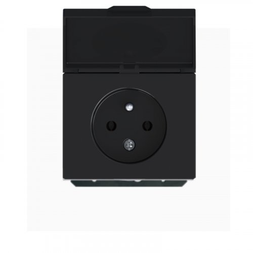 Single outlet with safety shutters and IP 20 covering lid - Cover colour: black, Device type: single outlet