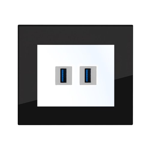 2x USB socket with charger (glass) - Colour: anthracite black, Cover colour: snow white glossy