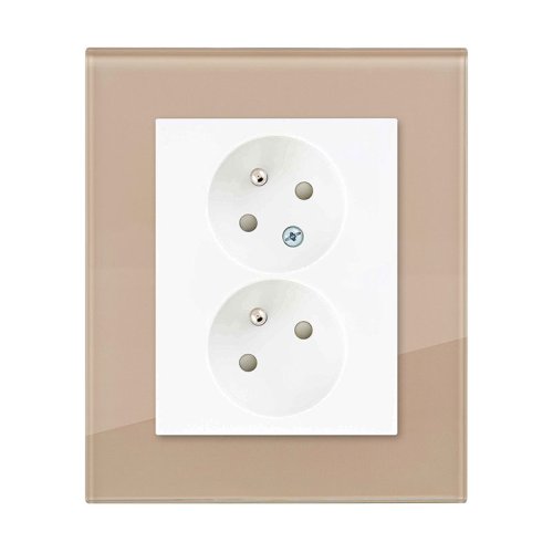 Double socket with safety shutters - Colour: mocca, Cover colour: snow white glossy