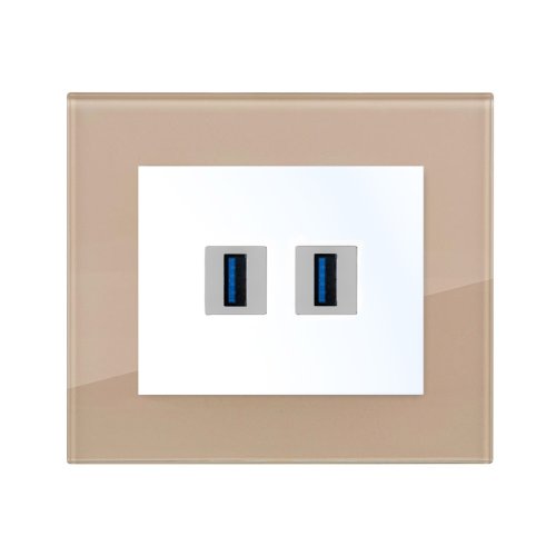 2x USB socket with charger (glass) - Colour: mocca, Cover colour: snow white glossy